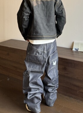 HY711 廓形工装多口袋刺绣原牛牛仔裤男女重磅伐木阔腿vibe裤子