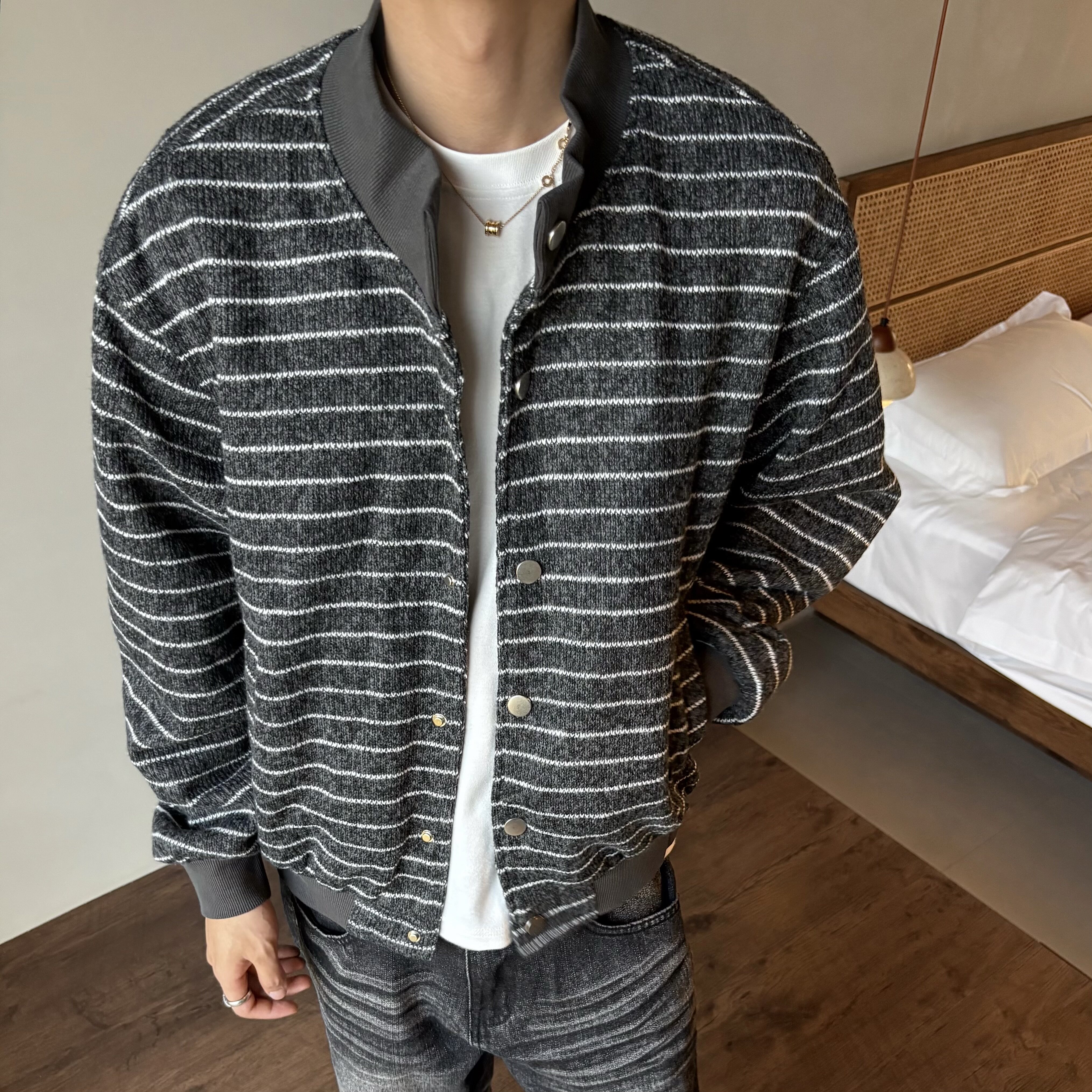 HY711 复古条纹棒球服针织夹克男女boxy秋季老钱风宽松百搭外套