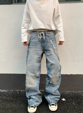 HY711 AC风格3D数码印花链条猫须牛仔裤男女廓形宽松直筒休闲裤子