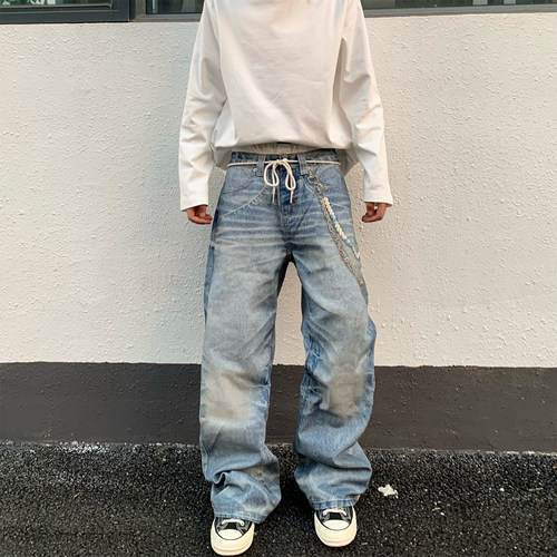 HY711数码印花链条猫须牛仔裤男