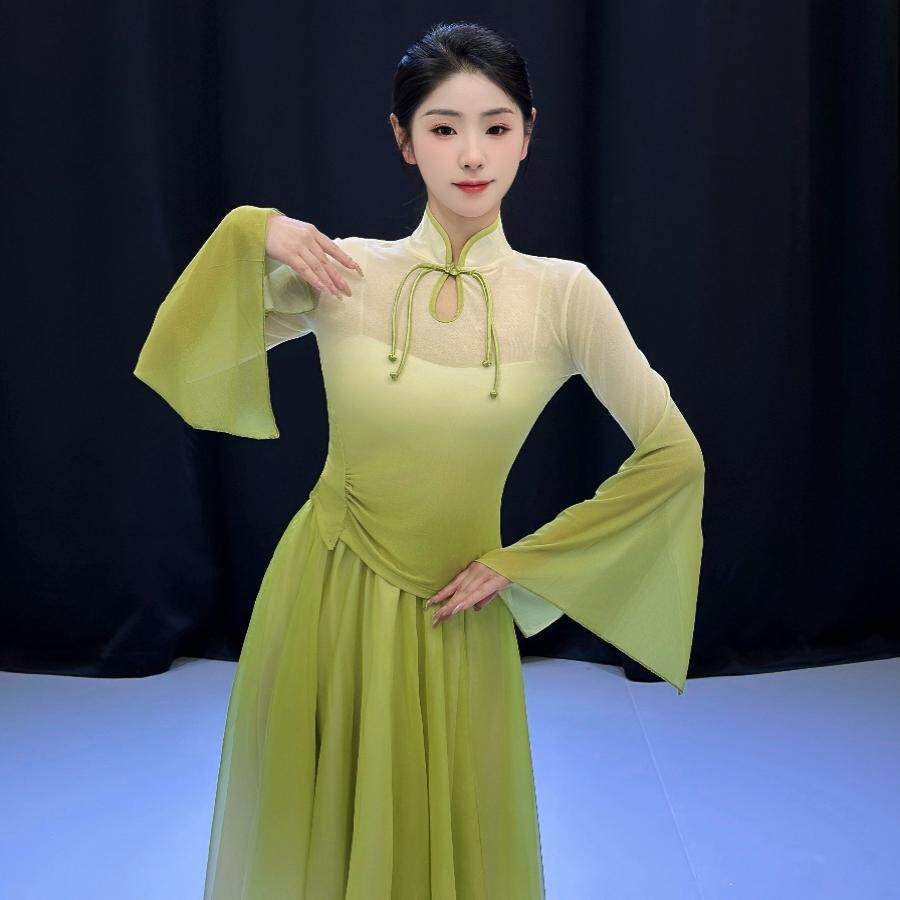中国舞飘逸渐变纱衣旗袍领裤裙