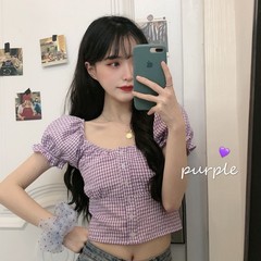 Real price 2021 net Red Plaid Shirt Short Sleeve navel top female student trend