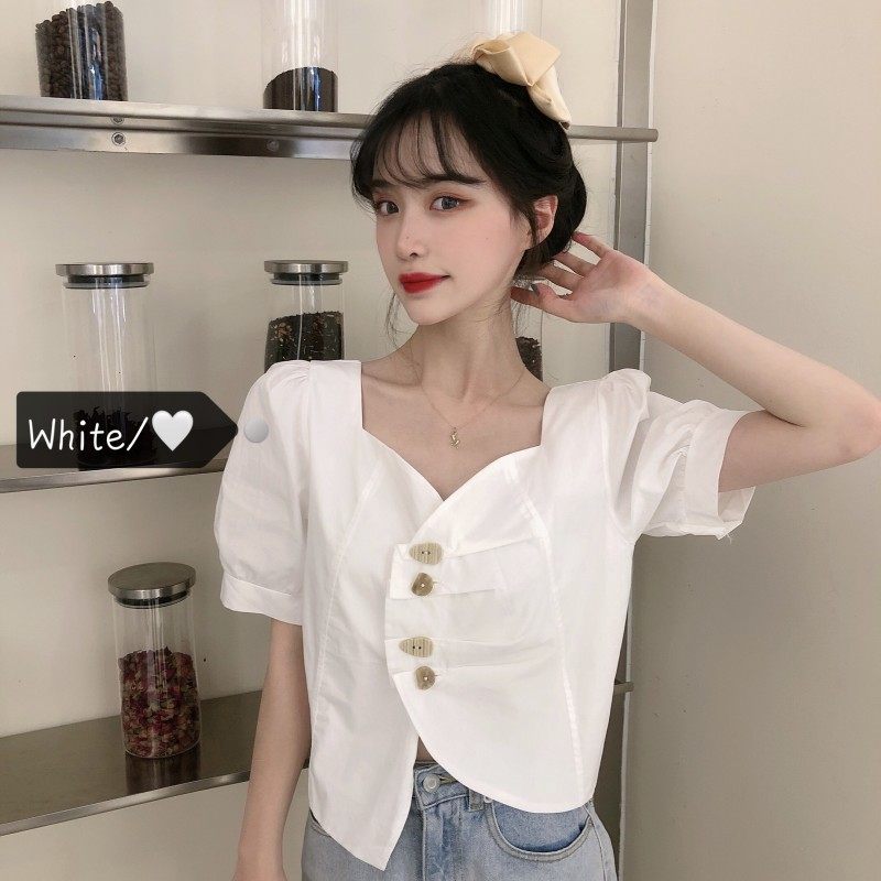 Real price net red same French irregular collar white shirt women's design sense minority coat temperament short