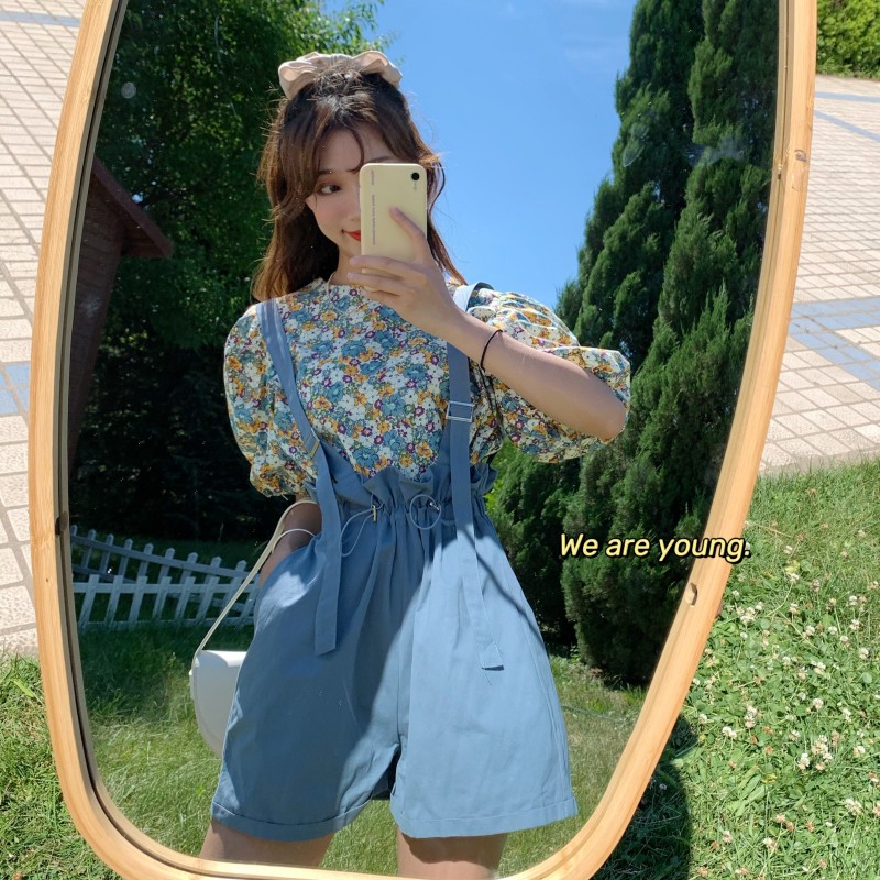 Real auction real price Floral Chiffon shirt + waist tie bract strap pants two piece set female student fashion