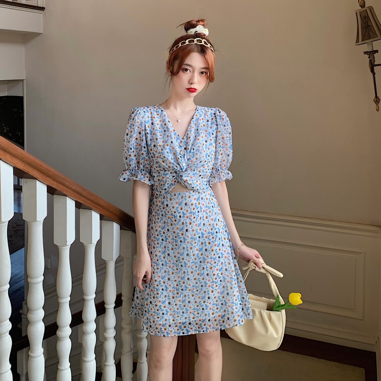 Real price 2021 net red super fairy same Chiffon drawstring lace up dress for women