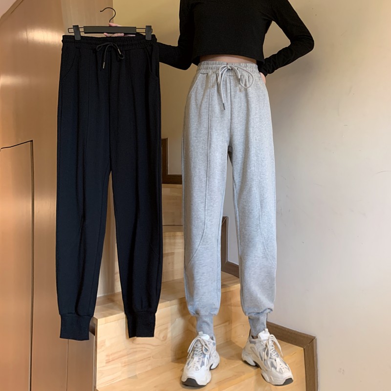 Real shot real price autumn new style leg length ratio splicing leisure pants legged sports pants female student