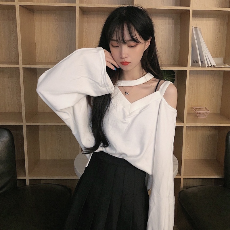 Real shot real price 2020 new net red hollowed out shoulder hole solid color T-shirt girl student trend