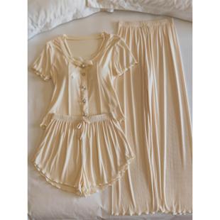 莫代尔睡衣女士夏季 纯欲风蝴蝶结带胸垫家居服 短袖 V领三件套薄款