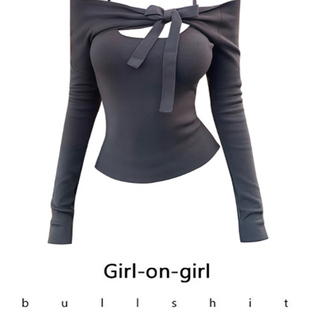 针织衫 miu系学姐 小众显瘦一字肩毛织蝴蝶结长袖