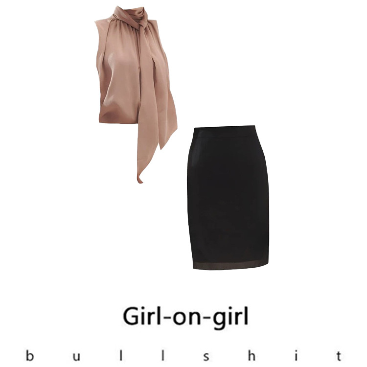 现货原创设计法式复古老钱风套装女飘带垂坠无袖上衣高腰直筒中裙