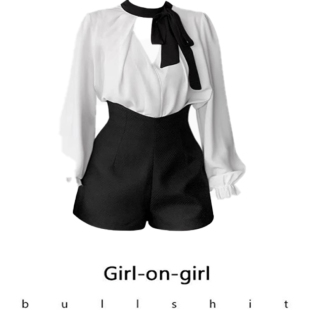 高腰短裤 气质显瘦上衣套装 两件套 赫本早晨黑白衬衫 现货秒