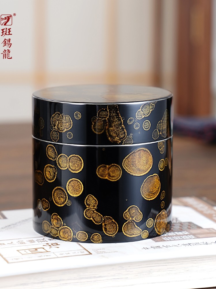 斑锡龙大漆手工锡罐秋然茶仓小号直筒大口纯锡茶叶罐密封储茶罐