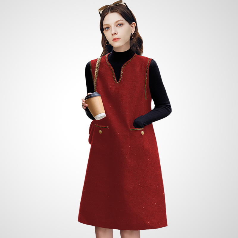 小香风红色无袖连衣裙女