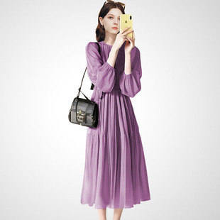 兰卡时尚春款紫色雪纺连衣裙女中长款收腰百褶垂感气质裙显瘦大方