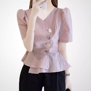 不规则设计感小众荷叶边衬衫女夏季2026新款法式V领上衣高级感潮