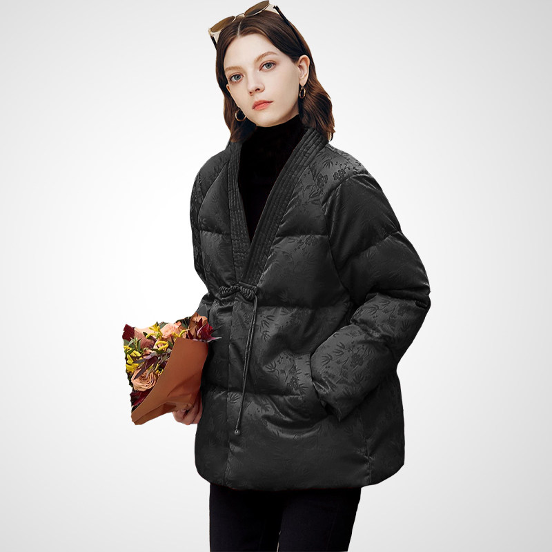 兰卡时尚复古提花黑色收腰羽绒服女2025冬新款保暖显瘦白鸭绒外套,女装/女士精品,羽绒服,淘宝优惠券,粉丝福利购,淘宝优惠卷