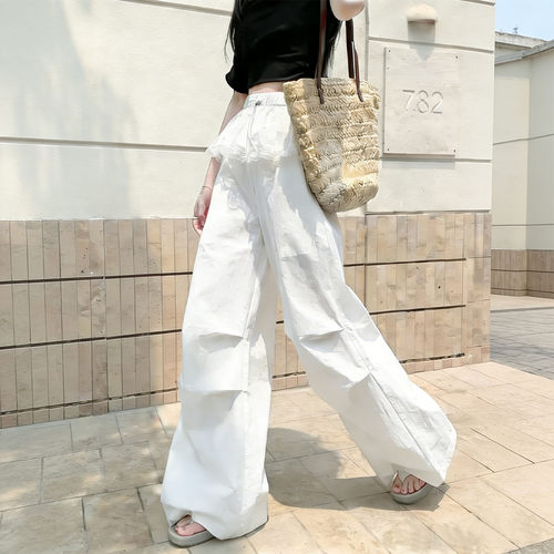 春款白色抽绳显瘦阔腿裤