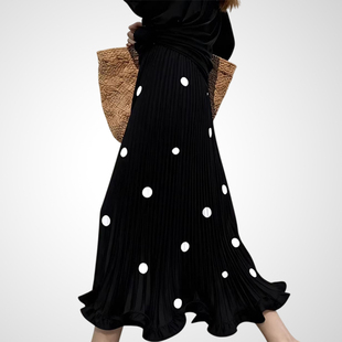 兰卡时尚黑色波点百褶半身裙女2026春高腰显瘦长款荷叶边气质长裙