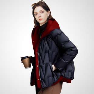 兰卡时尚连帽撞色设计藏蓝酒红宽松羽绒服女2026冬季新款拼接保暖