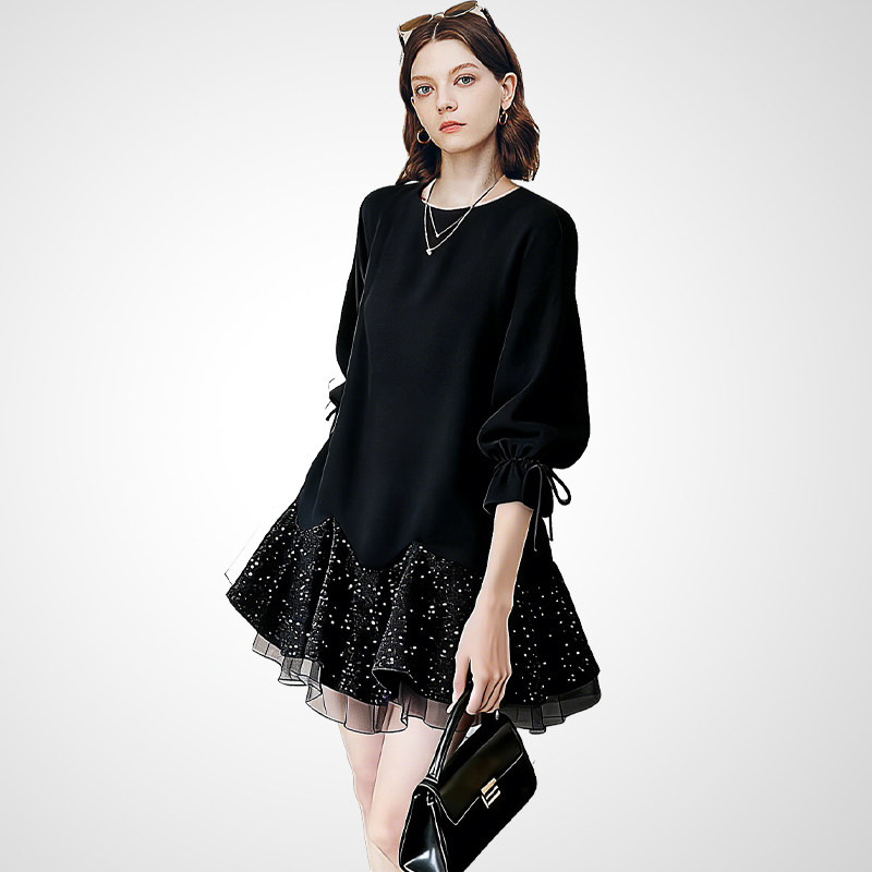 兰卡时尚黑色亮片网纱拼接连衣裙女2026春款高级感气质显瘦中长裙,女装/女士精品,连衣裙,淘宝优惠券,粉丝福利购,淘宝优惠卷