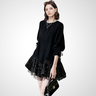 兰卡时尚黑色亮片网纱拼接连衣裙女2026春款高级感气质显瘦中长裙