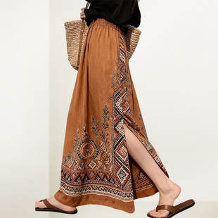 兰卡时尚 波西米亚风民族印花A字半身裙女2026高腰后开叉复古长裙