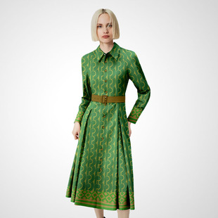 轻奢洋气高级感印花绿色连衣裙女2026新款春季气质收腰长袖衬衫裙