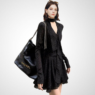 兰卡时尚春款黑色波点连衣裙女长袖V领收腰小个子轻奢复古气质裙
