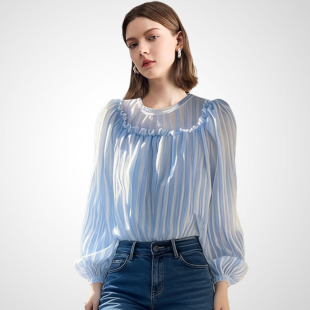 女蓝条纹褶边装 兰卡时尚 衬衫 灯笼袖 饰高级感减龄洋气小众上衣 法式