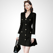 兰卡时尚 V领收腰显瘦小黑裙 小香风连衣裙女2026春款 法式 名媛短款