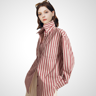 兰卡时尚红色条纹长袖衬衫女2026年春季新款通勤百搭职业正装上衣