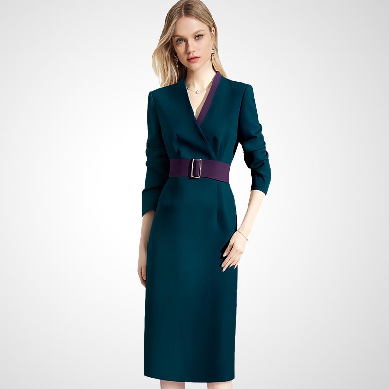 优雅名媛高端V领收腰西装连衣裙女2025年秋冬新款女神范通勤裙子