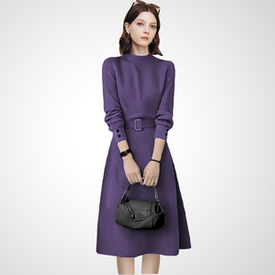 兰卡时尚气质通勤半高领收腰紫色长裙2026春款职场轻熟风显瘦裙子