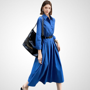 兰卡时尚春款蓝色衬衫连衣裙女长袖收腰显瘦通勤高级感得体风长裙