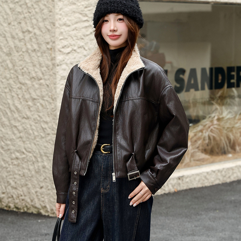 复古美拉德羊羔毛立领短款皮衣女士秋冬季美式加绒厚机车夹克外套