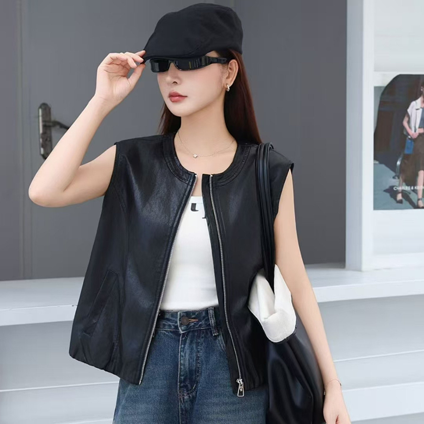 宽松休闲短款PU皮无袖坎肩马甲女