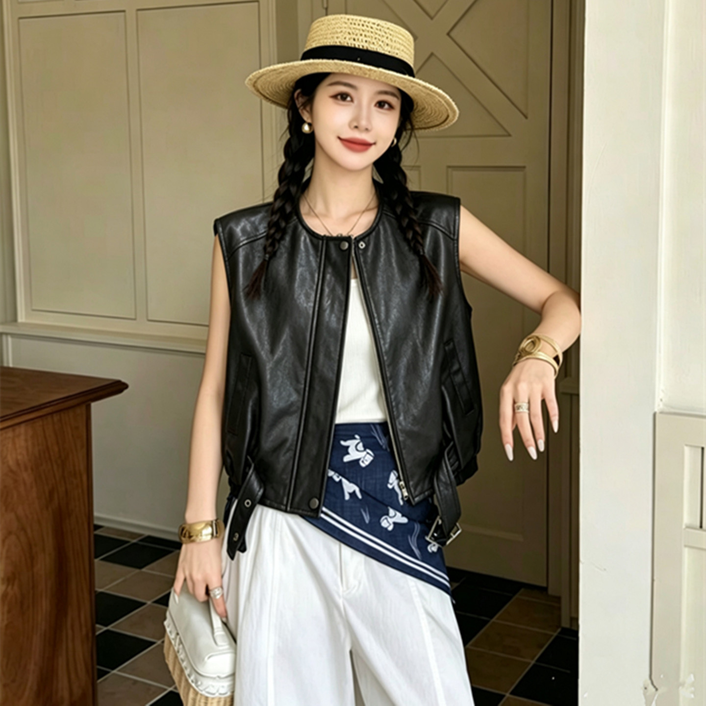 机车风黑色皮衣马甲女短款宽松显瘦无袖拉链PU皮夹克上衣2026秋装