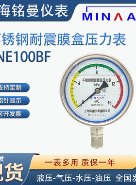 上海铭曼不锈钢膜盒耐震压力表YNE100BF微压表精度1.6天然气