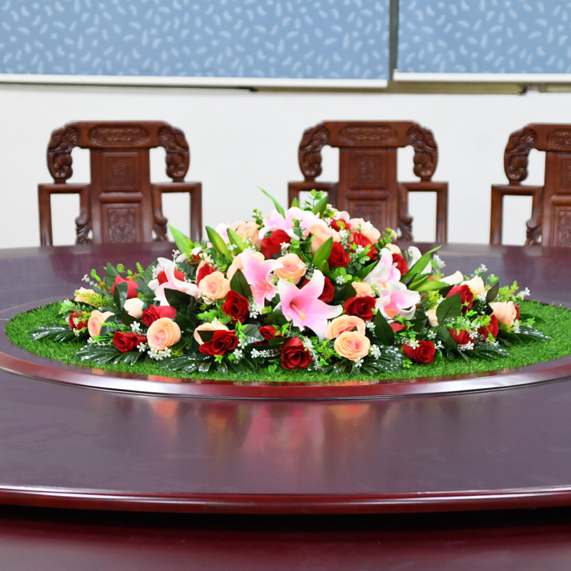 酒店餐桌转盘花大圆桌中间装饰花圆形假花摆件绿色草坪台花仿真花
