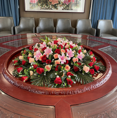 酒店餐桌假花大圆桌中间装饰花摆件转盘花绢花餐厅桌面圆形仿真花