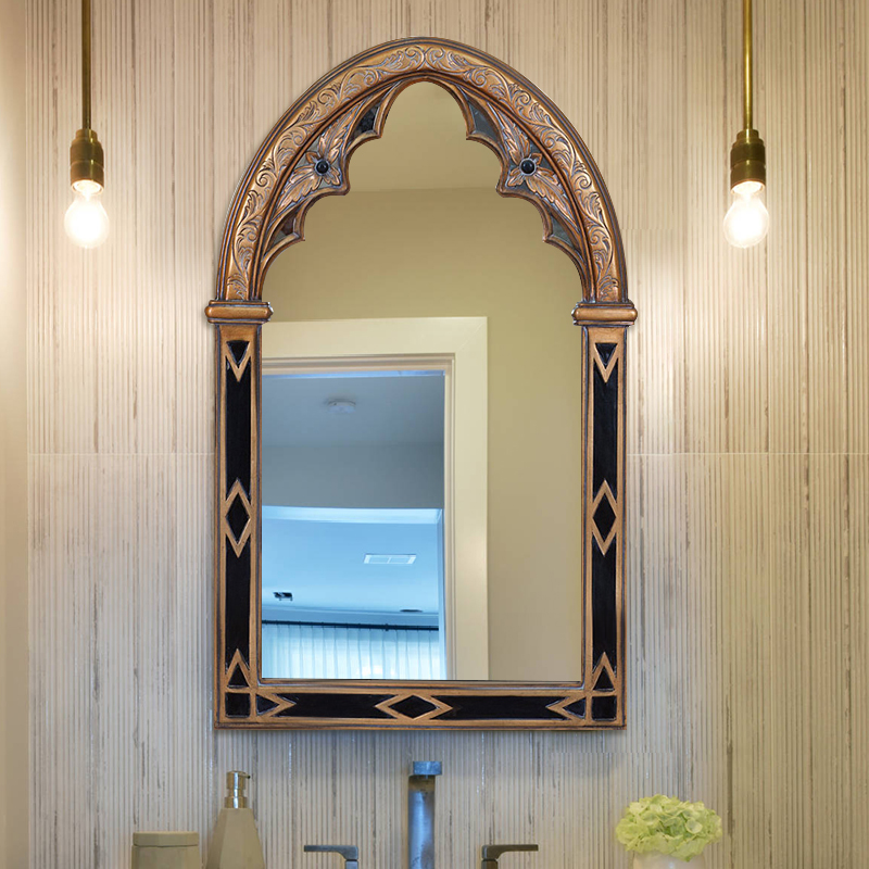 高级卫生间镜子美式复古浴室镜欧式中古壁挂餐边装饰镜洗面盘镜子