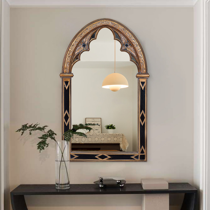 高级卫生间镜子美式复古浴室镜欧式中古壁挂餐边装饰镜洗面盘镜子