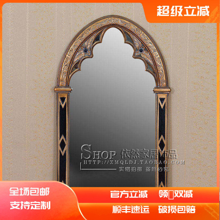 欧式雕花玄关壁挂装饰大境 美式仿古金壁炉装饰镜 背景墙走廊大镜