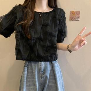 胖mm寬松設計感法式 上衣 雪紡襯衫 大碼 女夏短袖 泡泡袖 2025新款 短款