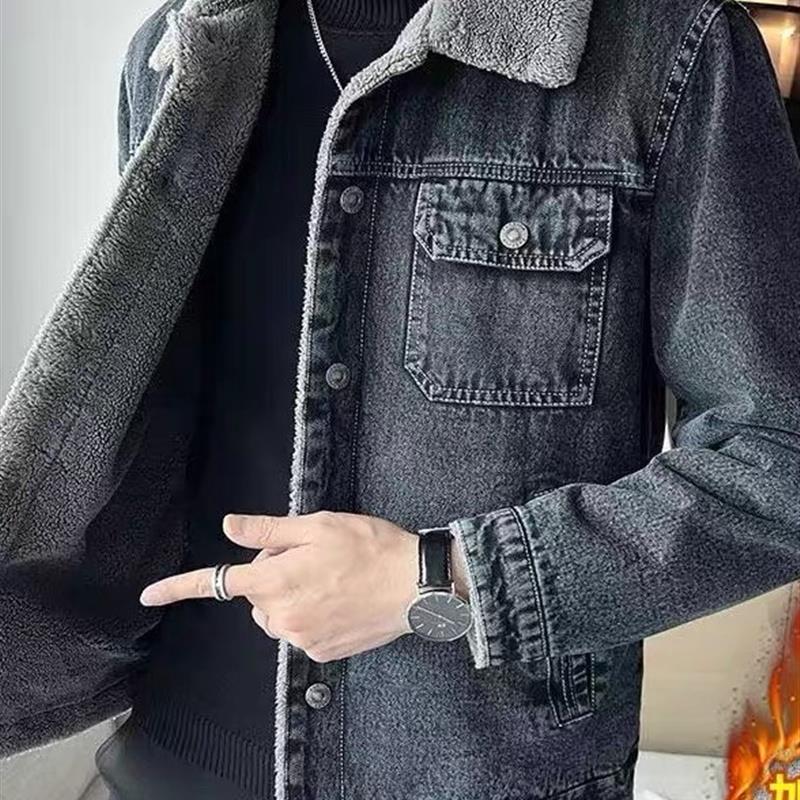 男士干活穿的牛仔外套加绒加厚冬款羊羔毛绒耐磨工作翻领休闲夹克