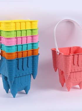 儿童沙滩玩具桶塑料小水桶宝宝海边戏水玩沙钓鱼花边桶方桶城as02