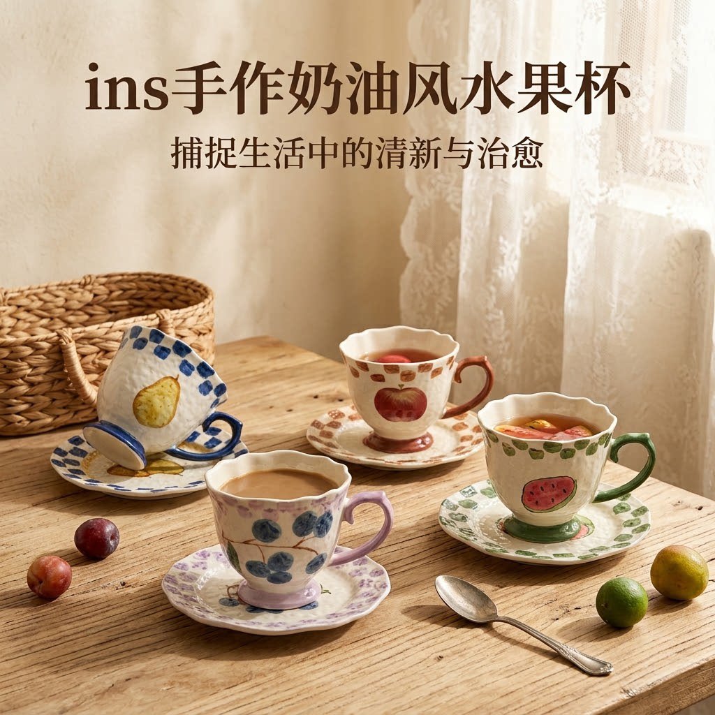 ins手作风水果杯陶瓷马克杯家用创意复古咖啡杯碟套装早餐好看的
