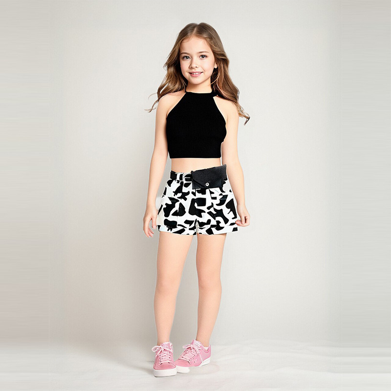 ins女童套装春夏季新款中小儿童宽松挂脖上衣+短裤腰包三件套