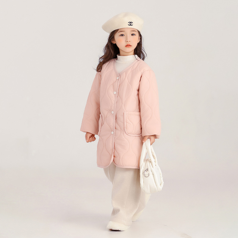 女童轻薄款棉服外套女宝宝中长款秋季新款儿童时髦洋气纯色外套潮