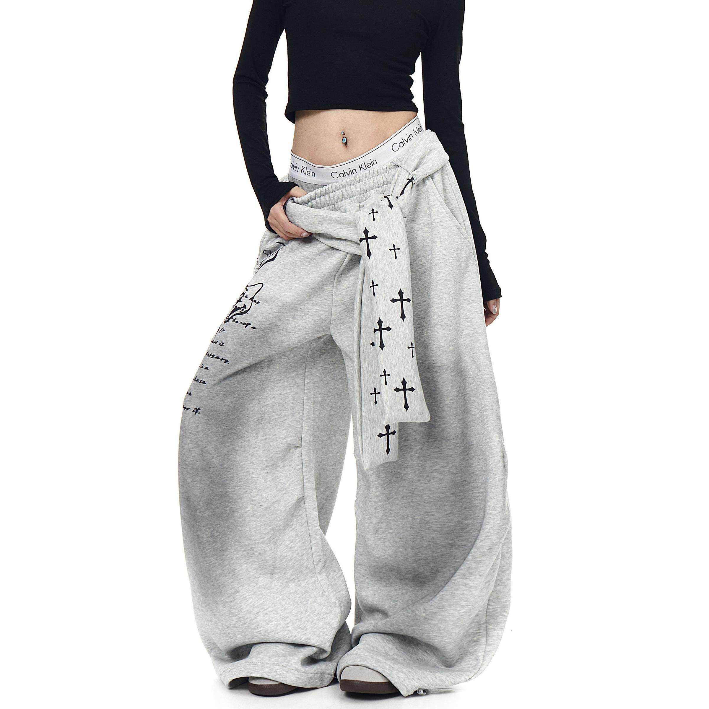 美式复古十字架绑带做旧弯刀卫裤男女爵士舞加绒阔腿裤学生潮牌